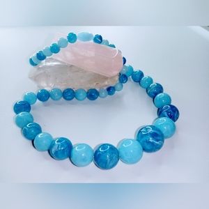 Vintage Blue Marble Plastic Round Bead Necklace 50s 60s MCM